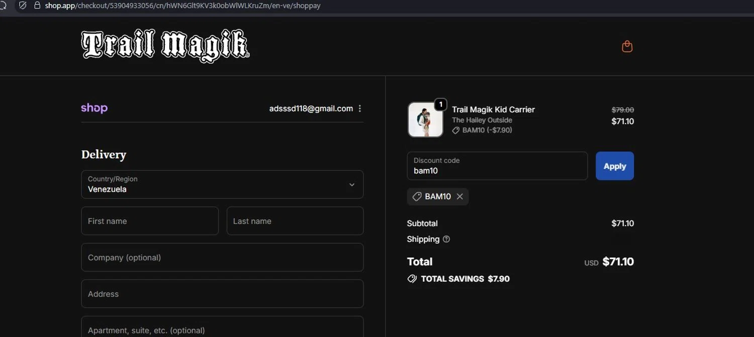 Trail Magik checkout page showing Trail Magik discount code box | Screenshot taken by SimplyCodes community member on Dec 10, 2025