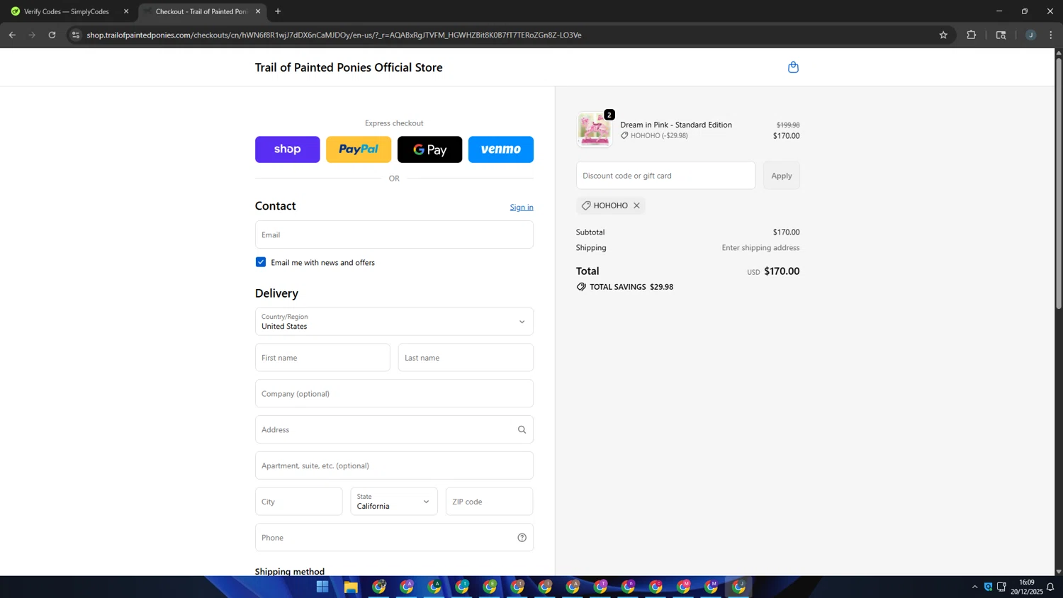 Trail of Painted Ponies checkout page showing Trail of Painted Ponies coupon code box | Screenshot taken by SimplyCodes community member on Dec 20, 2025