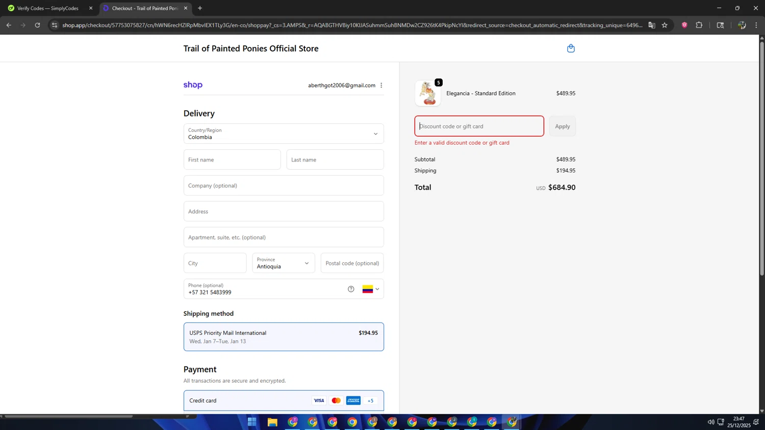 Trail of Painted Ponies coupon code screenshot showing code HoHoHo applied at Trail of Painted Ponies checkout page. Uploaded by SimplyCodes community member SAIKOO on Dec 26, 2025