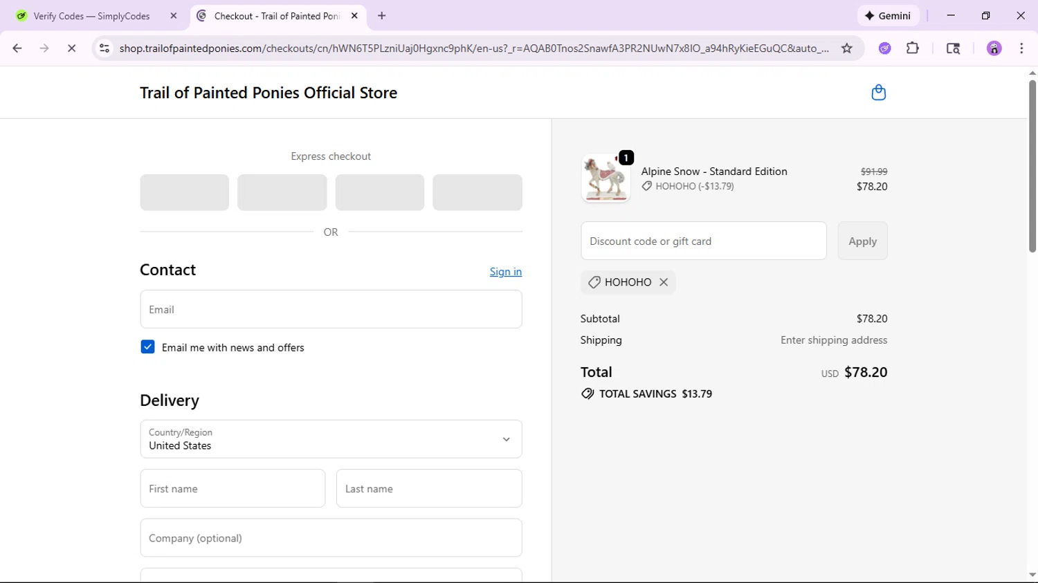 Trail of Painted Ponies checkout page showing Trail of Painted Ponies coupon code box | Screenshot taken by SimplyCodes community member on Dec 15, 2025