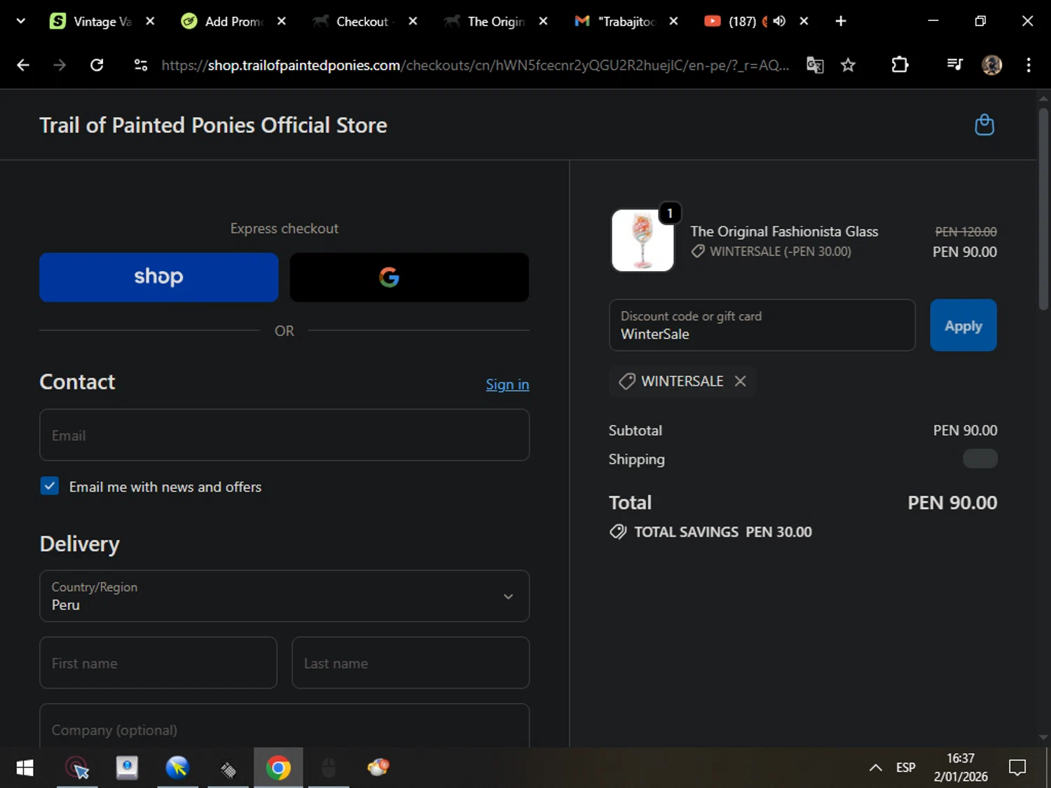 Trail of Painted Ponies coupon code screenshot showing code WinterSale applied at Trail of Painted Ponies checkout page. Uploaded by SimplyCodes community member MarcosAranguren on Jan 2, 2026