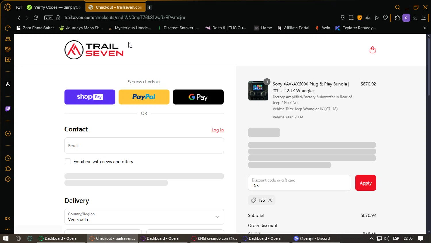Trail Seven discount code screenshot showing code TS5 applied at Trail Seven checkout page. Uploaded by SimplyCodes community member ExtraordinaryPhoenix3689 on Jul 19, 2025