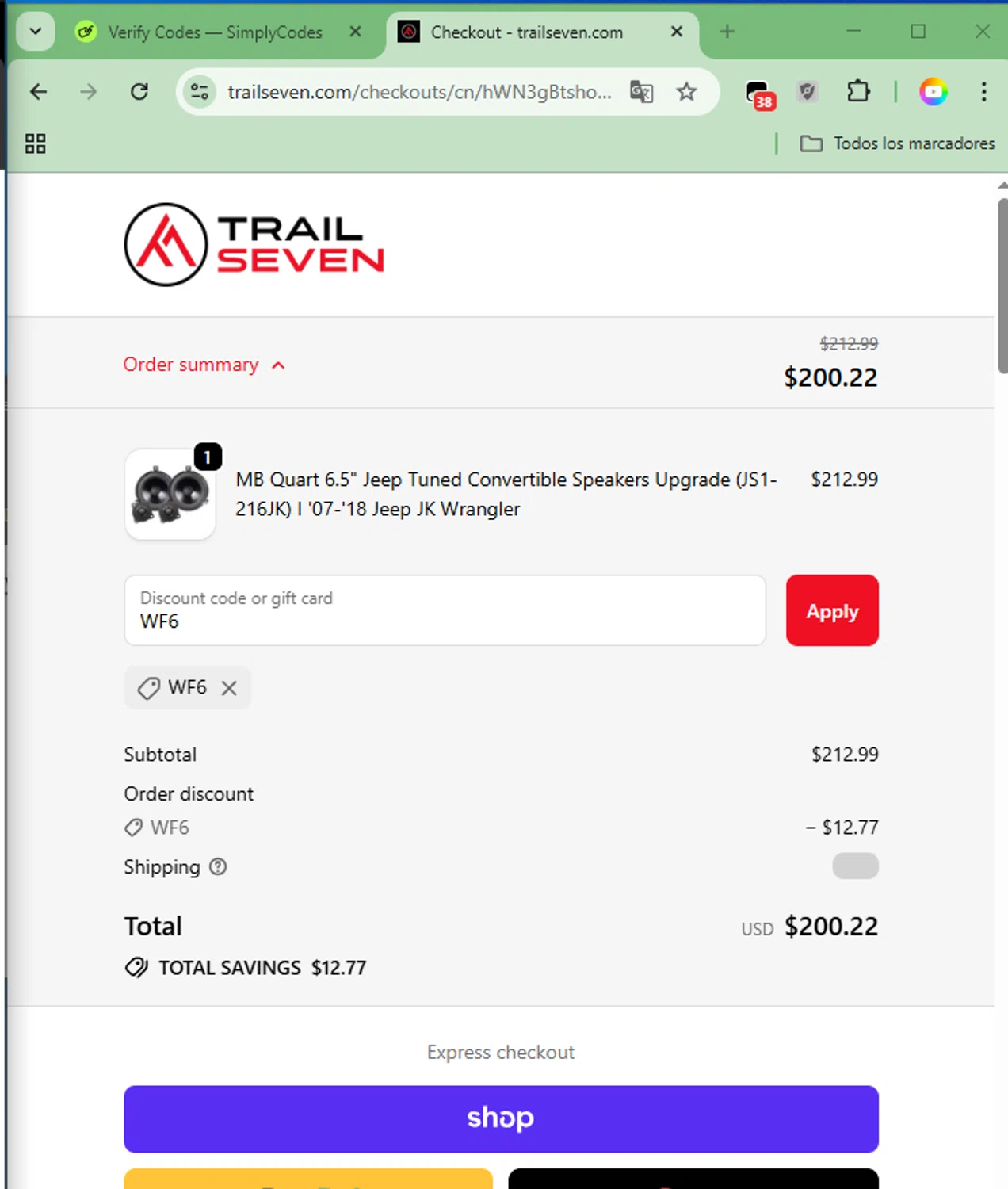 Trail Seven discount code screenshot showing code WF6 applied at Trail Seven checkout page. Uploaded by SimplyCodes community member EpicTiger3556 on Oct 3, 2025