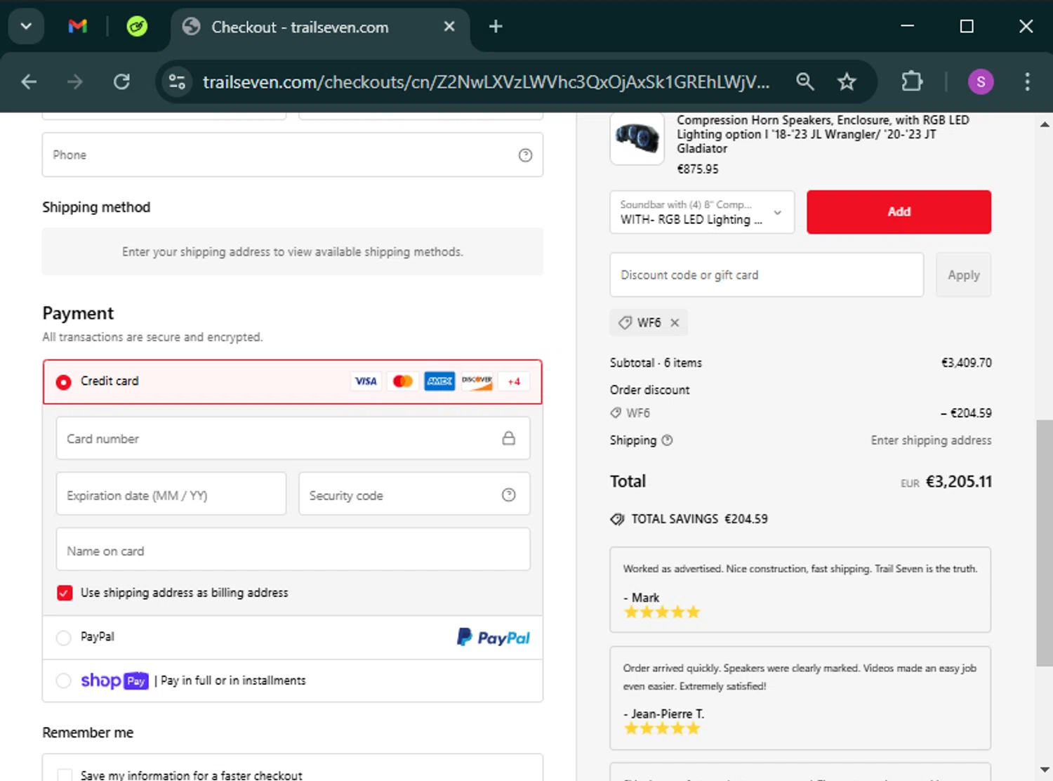 Trail Seven discount code screenshot showing code WF6 applied at Trail Seven checkout page. Uploaded by SimplyCodes community member tinkle_tinkle on Feb 19, 2025