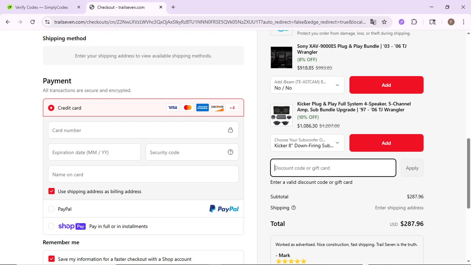 Trail Seven discount code screenshot showing code FATHER150 applied at Trail Seven checkout page. Uploaded by SimplyCodes community member CashLion2660 on Jun 18, 2025