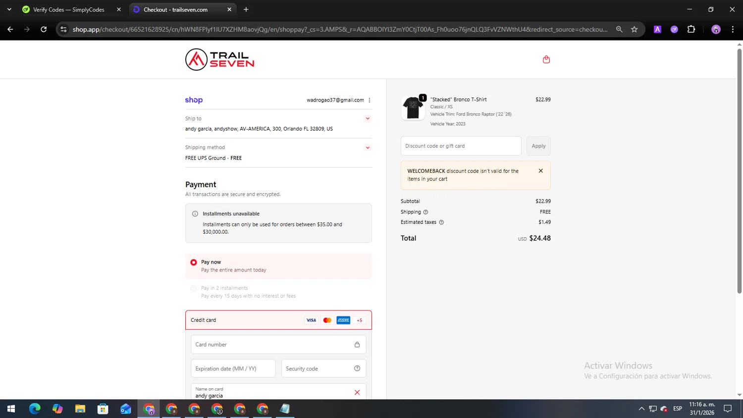Trail Seven promo code screenshot showing code WELCOMEBACK applied at Trail Seven checkout page. Uploaded by SimplyCodes community member Andy2323 on Jan 31, 2026