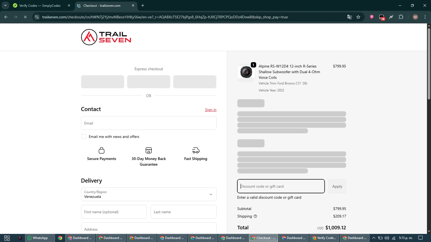 Trail Seven discount code screenshot showing code NEWYEAR100 applied at Trail Seven checkout page. Uploaded by SimplyCodes community member DiscountTitan4635 on Jan 17, 2026