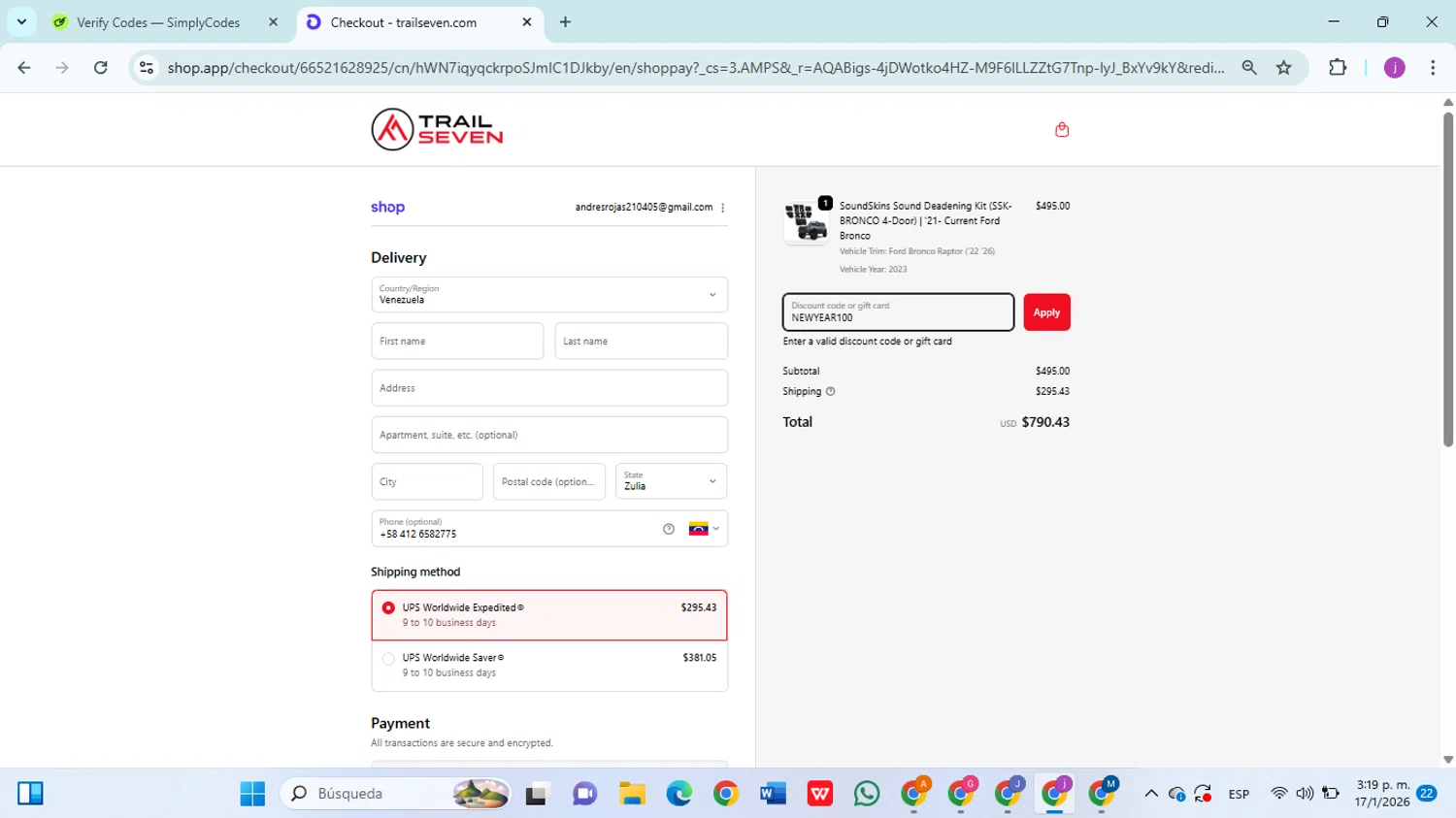 Trail Seven discount code screenshot showing code NEWYEAR100 applied at Trail Seven checkout page. Uploaded by SimplyCodes community member christophersierra on Jan 17, 2026