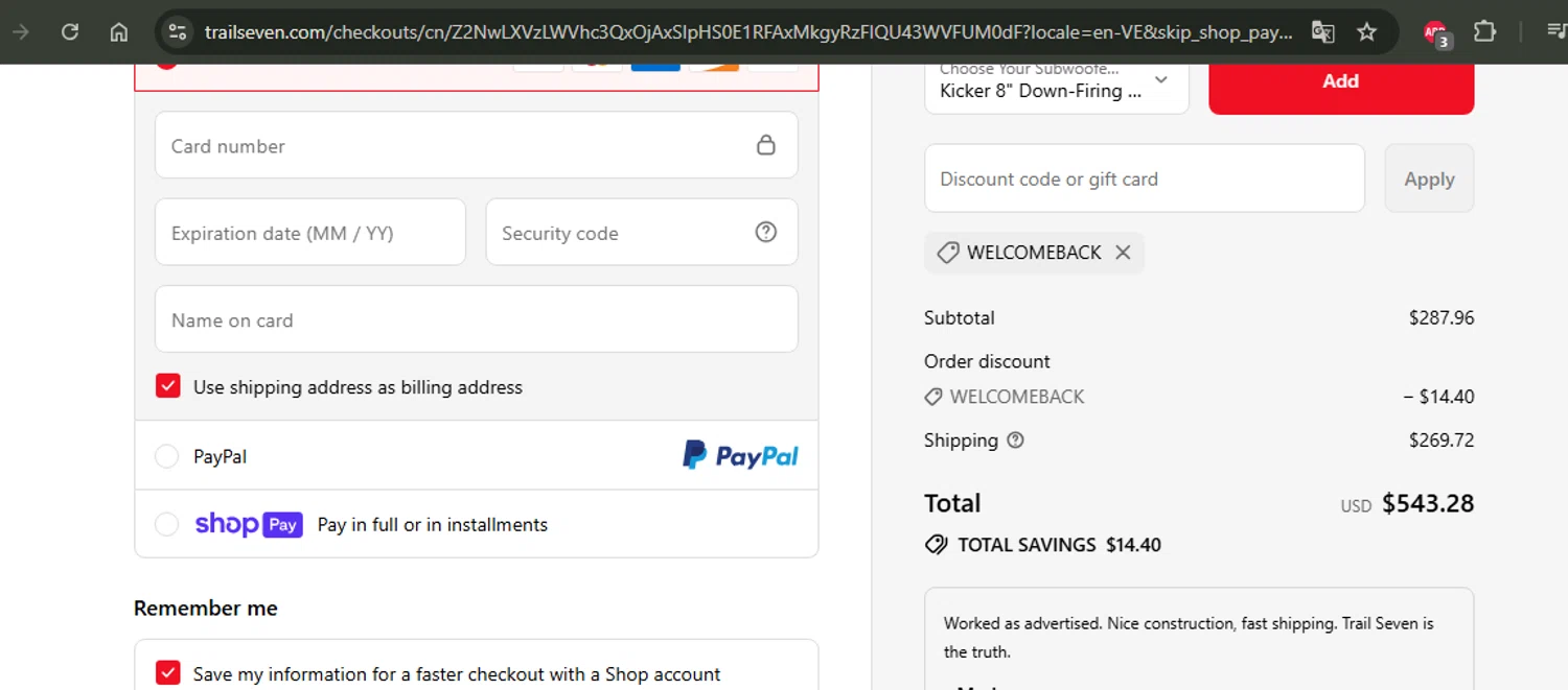 Trail Seven discount code screenshot showing code WELCOMEBACK applied at Trail Seven checkout page. Uploaded by SimplyCodes community member Jhonny on Jul 6, 2025