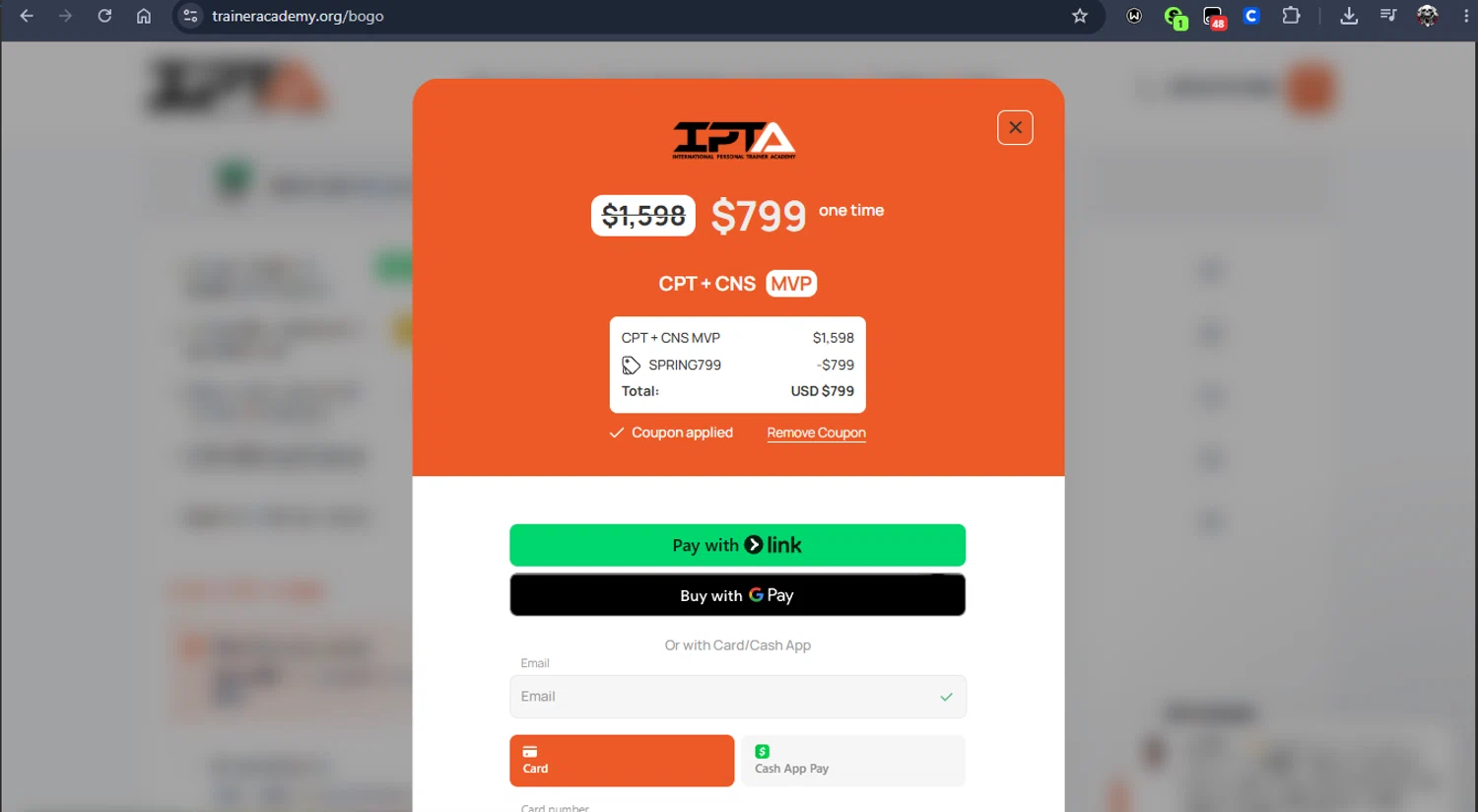 Trainer Academy promo code screenshot showing code SPRING799 applied at Trainer Academy checkout page. Uploaded by SimplyCodes community member Jmhernand1 on Jun 3, 2026