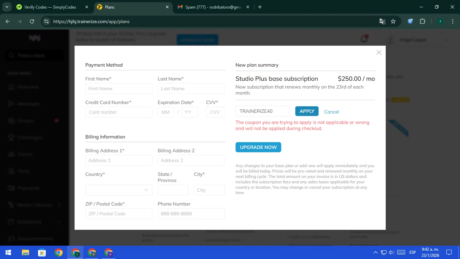 Trainerize discount code screenshot showing code TRAINERIZE40 applied at Trainerize checkout page. Uploaded by SimplyCodes community member rodri1 on Jan 23, 2026