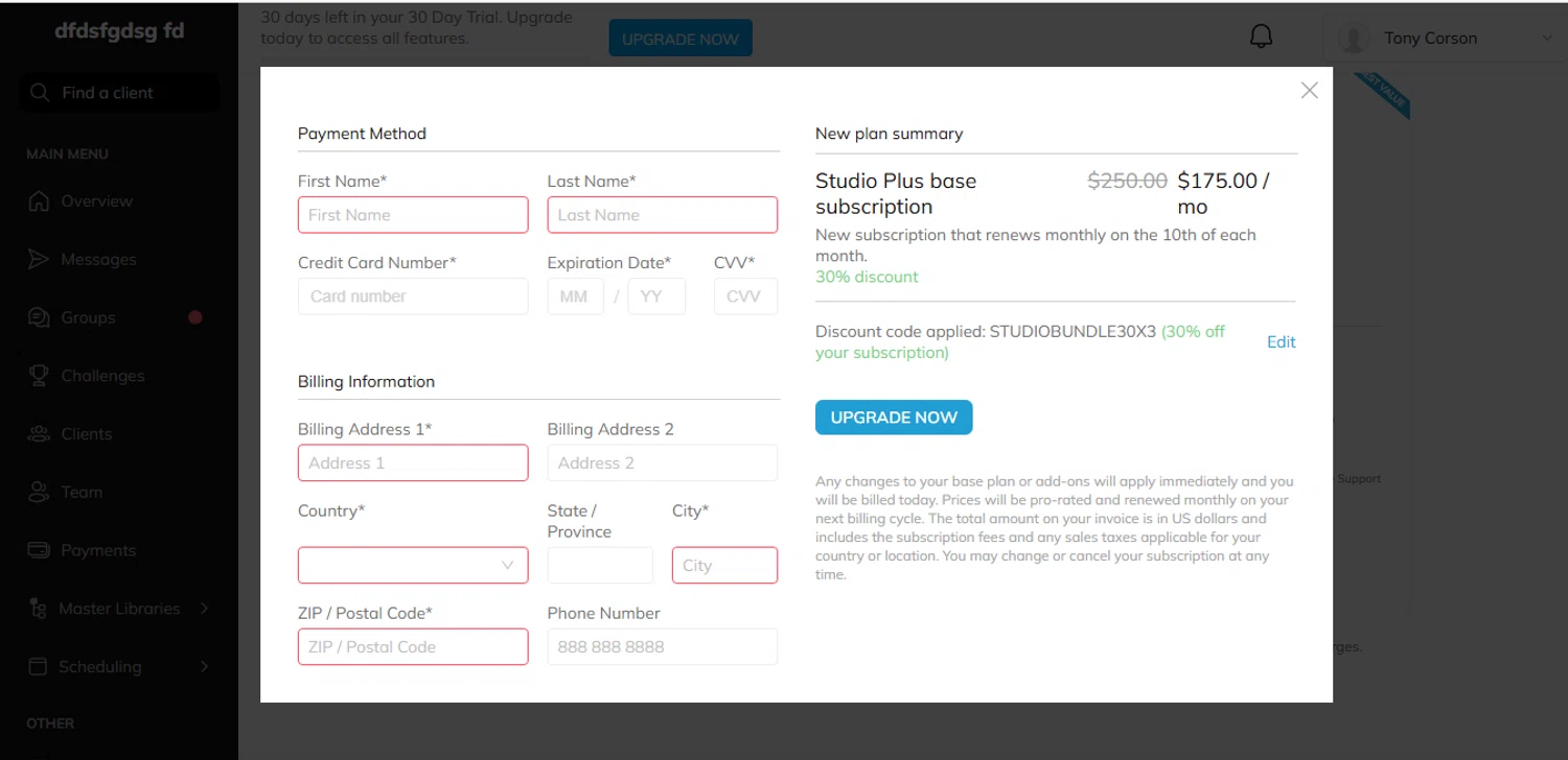 Trainerize discount code screenshot showing code STUDIOBUNDLE30X3 applied at Trainerize checkout page. Uploaded by SimplyCodes community member CashAce9852 on Sep 10, 2025