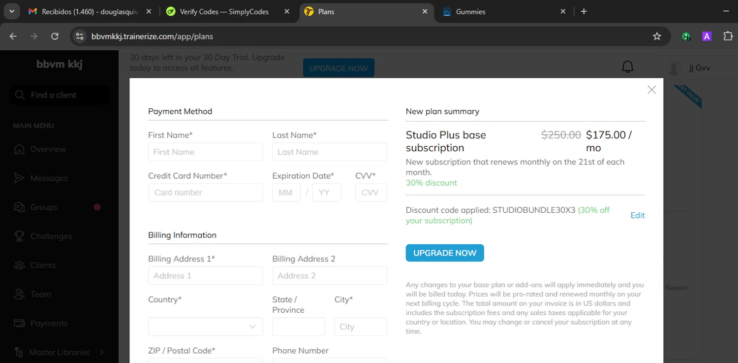 Trainerize discount code screenshot showing code STUDIOBUNDLE30X3 applied at Trainerize checkout page. Uploaded by SimplyCodes community member WiseLegend5590 on Sep 21, 2025
