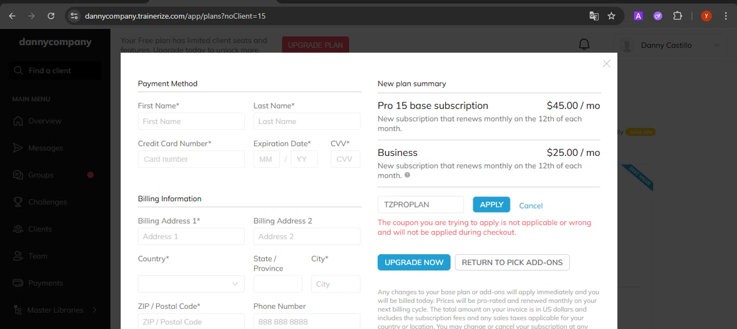 Trainerize discount code screenshot showing code TZPROPLAN applied at Trainerize checkout page. Uploaded by SimplyCodes community member CrownTiger7501 on Aug 13, 2025