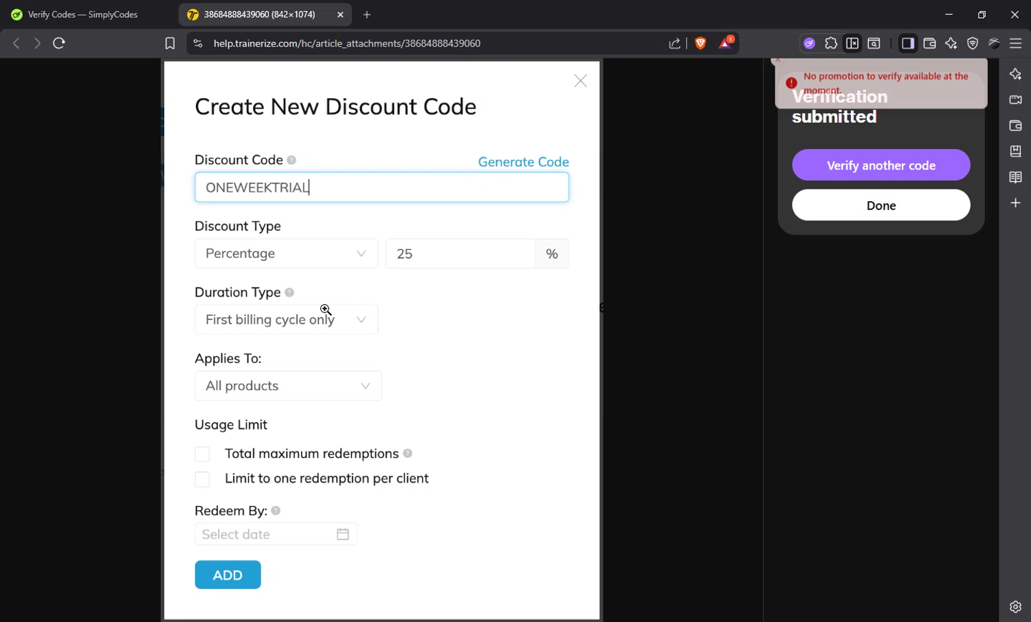 Trainerize checkout page showing Trainerize discount code box | Screenshot taken by SimplyCodes community member on Jan 9, 2026