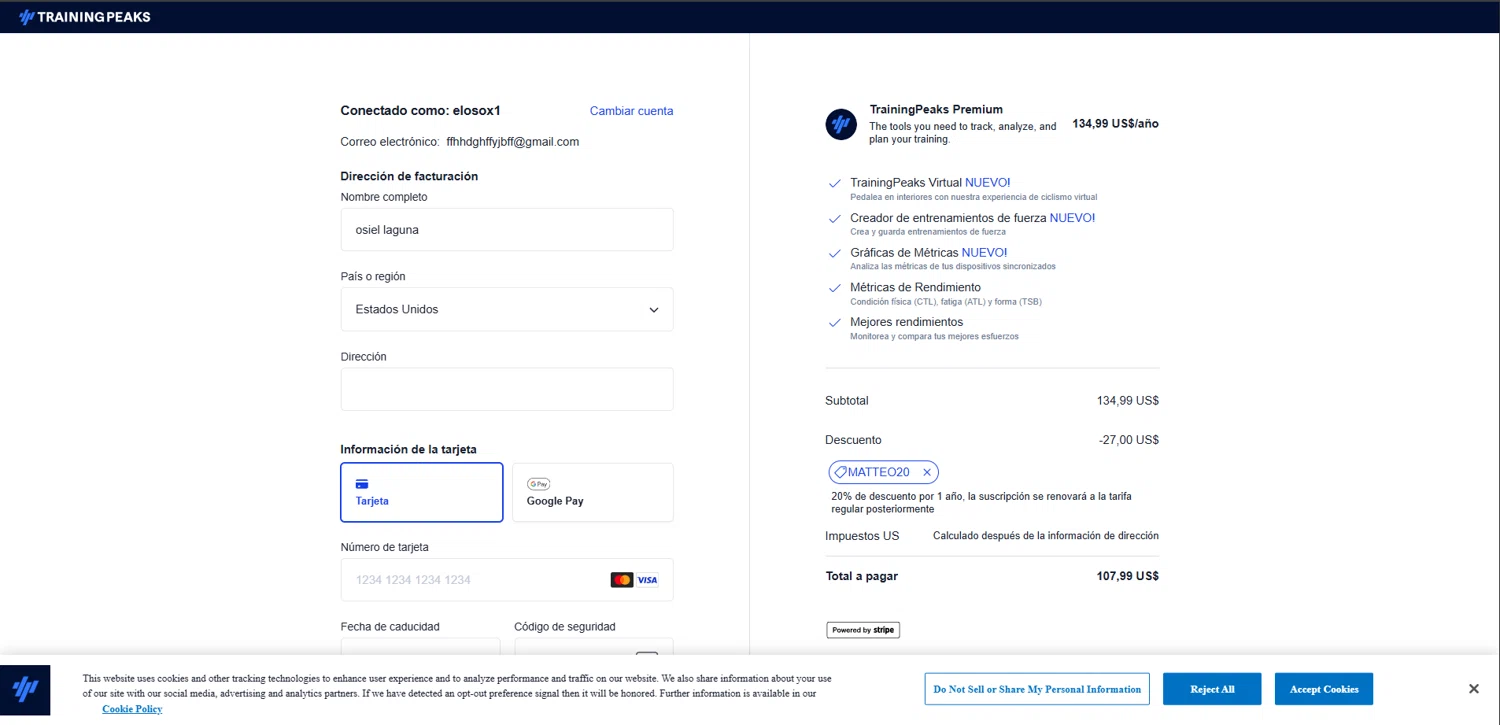 TrainingPeaks promo code screenshot showing code MATTEO20 applied at TrainingPeaks checkout page. Uploaded by SimplyCodes community member ishidashoya on Oct 13, 2025