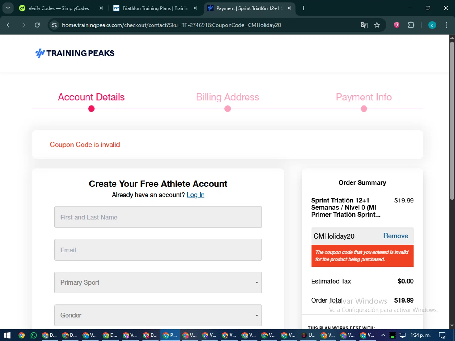 TrainingPeaks promo code screenshot showing code CMHoliday20 applied at TrainingPeaks checkout page. Uploaded by SimplyCodes community member CodeMaverick5767 on Dec 20, 2025