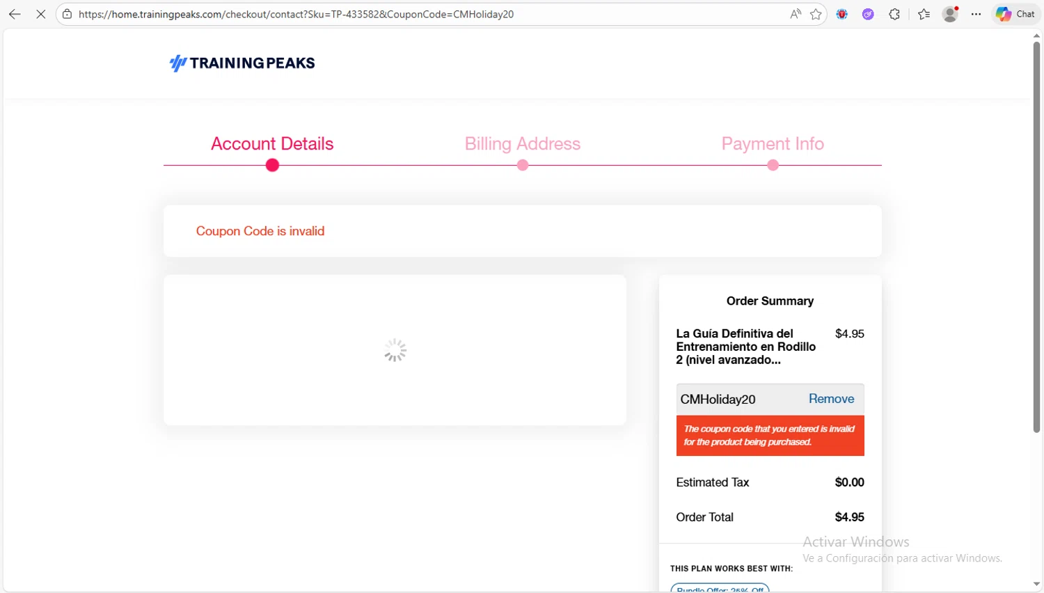 TrainingPeaks promo code screenshot showing code CMHoliday20 applied at TrainingPeaks checkout page. Uploaded by SimplyCodes community member Franco20 on Dec 20, 2025