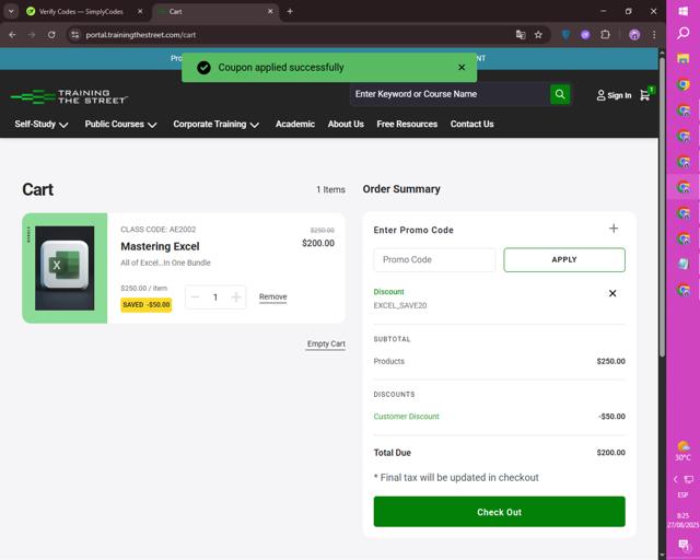 Training The Street checkout page showing Training The Street discount code box | Screenshot taken by SimplyCodes community member on Aug 27, 2025