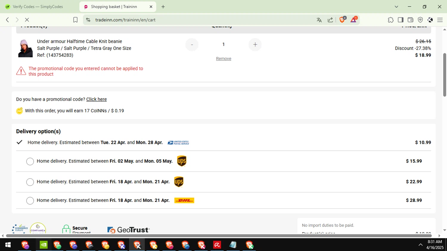 Traininn promo code screenshot showing code Wwcas10 applied at Traininn checkout page. Uploaded by SimplyCodes community member Aguaita_coco on Apr 16, 2025
