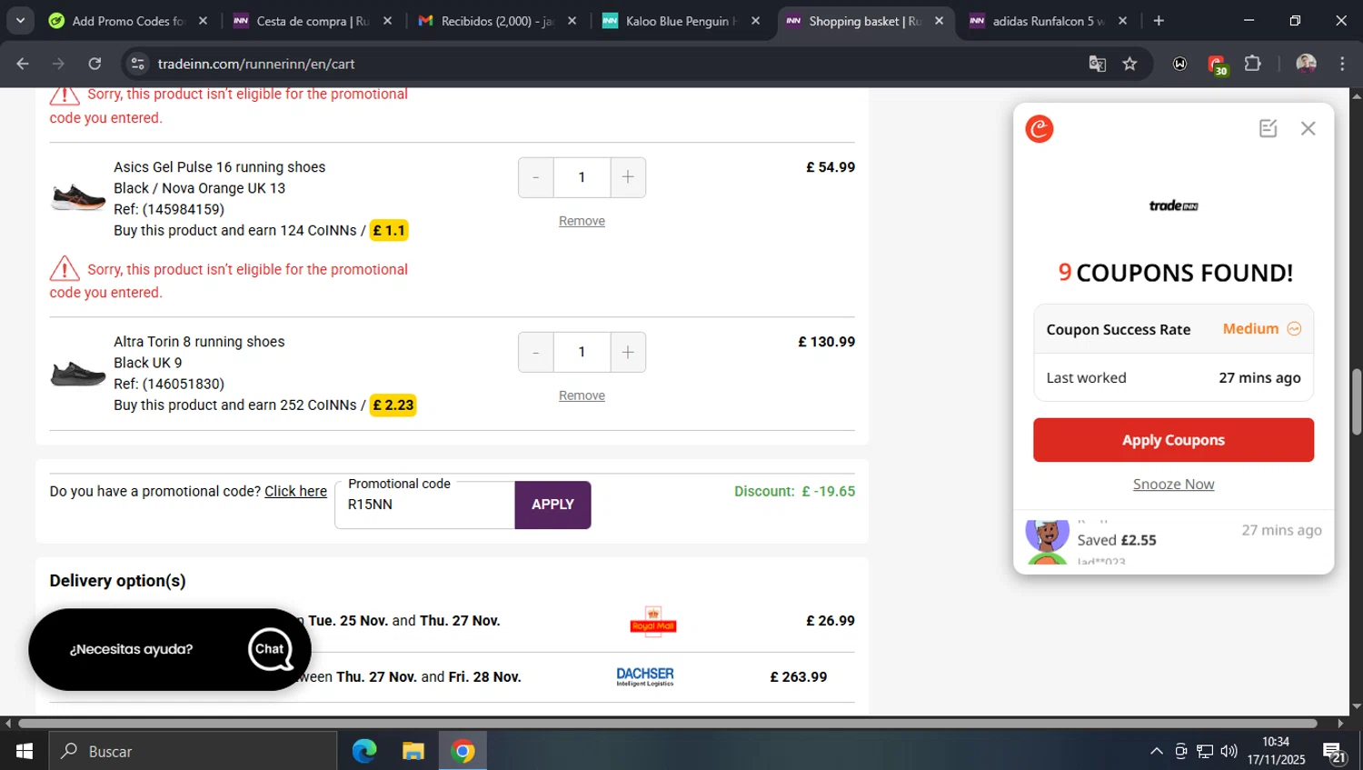 Traininn promo code screenshot showing code R15NN applied at Traininn checkout page. Uploaded by SimplyCodes community member josegarcia6 on Nov 17, 2025