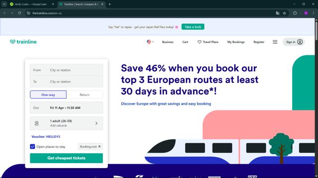 Trainline checkout page showing Trainline discount code box | Screenshot taken by SimplyCodes community member on Apr 11, 2025