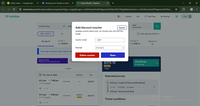 Trainline checkout page showing Trainline discount code box | Screenshot taken by SimplyCodes community member on Apr 10, 2025