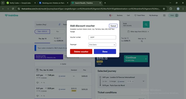 Trainline checkout page showing Trainline discount code box | Screenshot taken by SimplyCodes community member on Apr 10, 2025