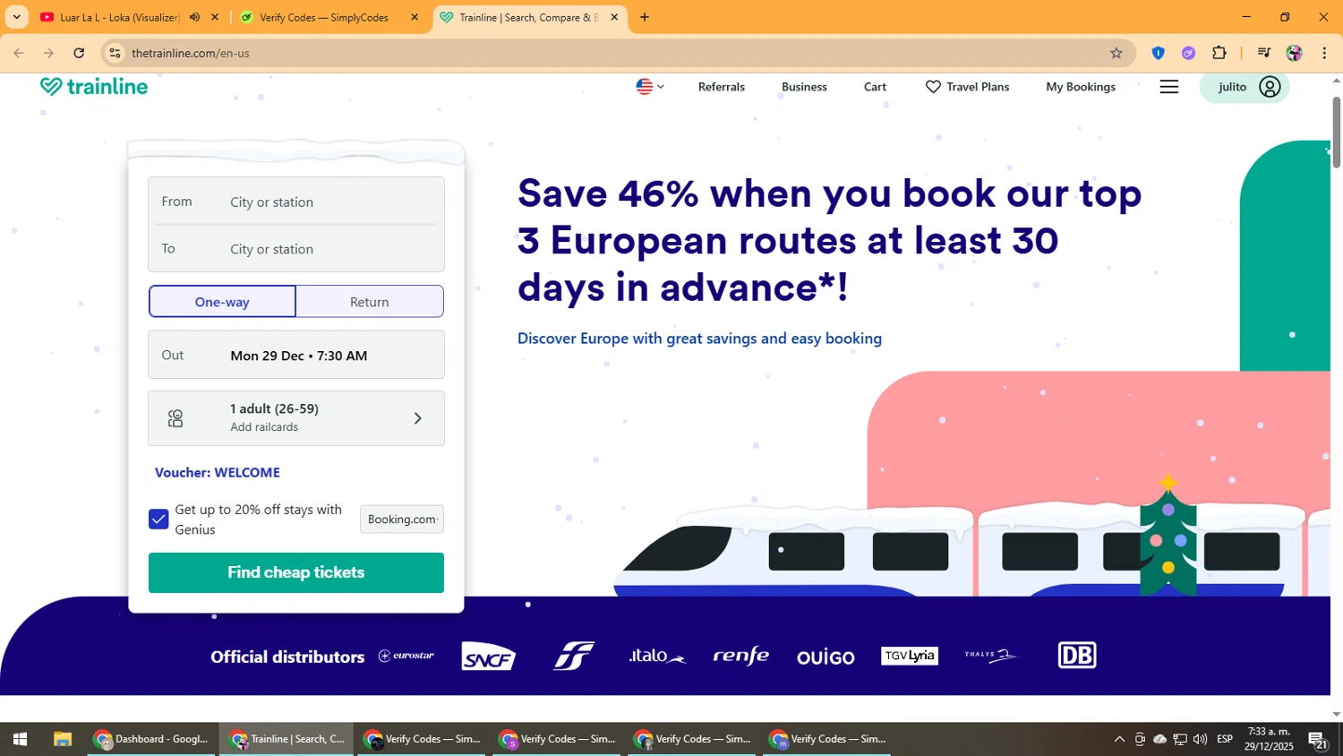 Trainline checkout page showing Trainline discount code box | Screenshot taken by SimplyCodes community member on Dec 29, 2025