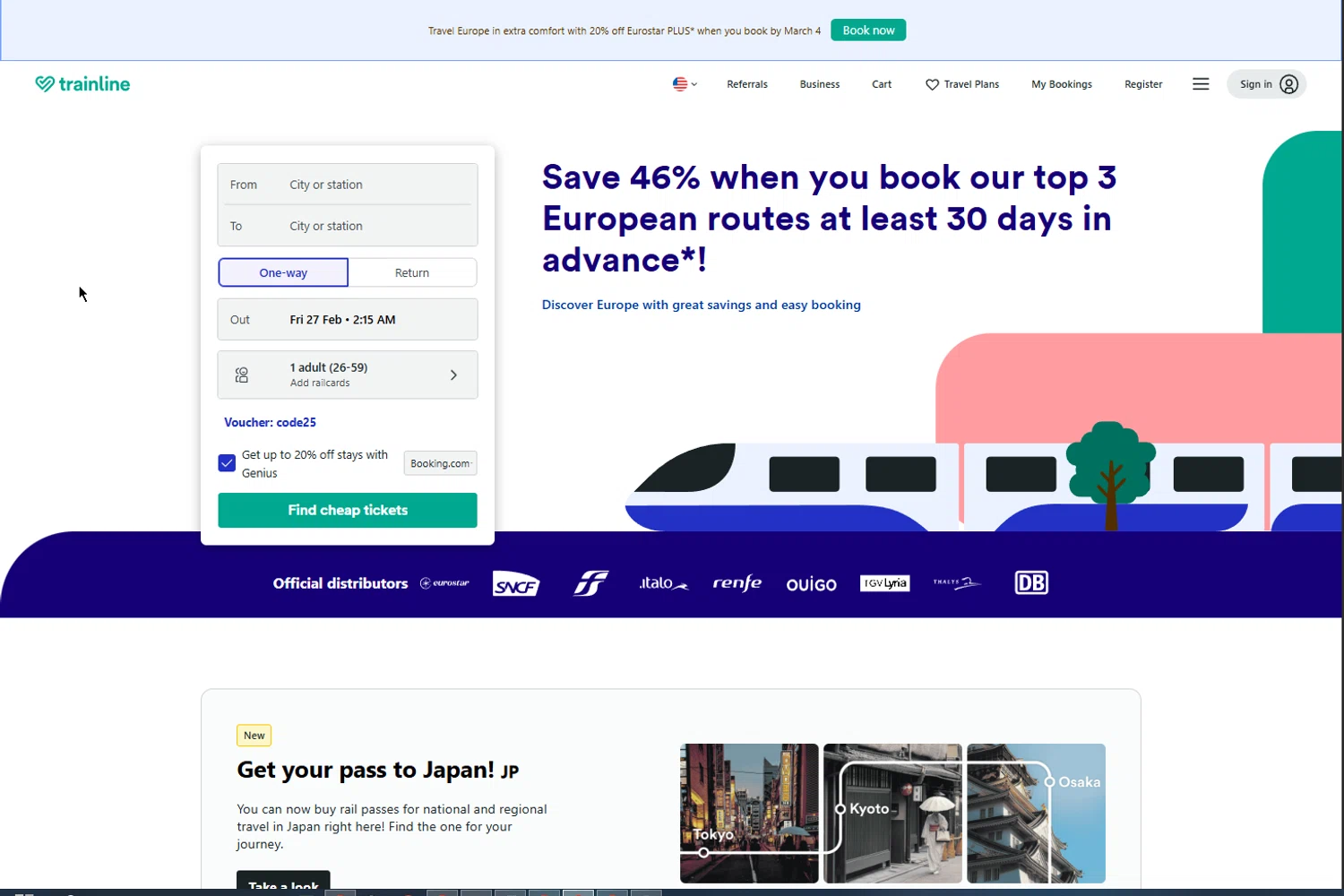Trainline checkout page showing Trainline discount code box | Screenshot taken by SimplyCodes community member on Feb 27, 2026