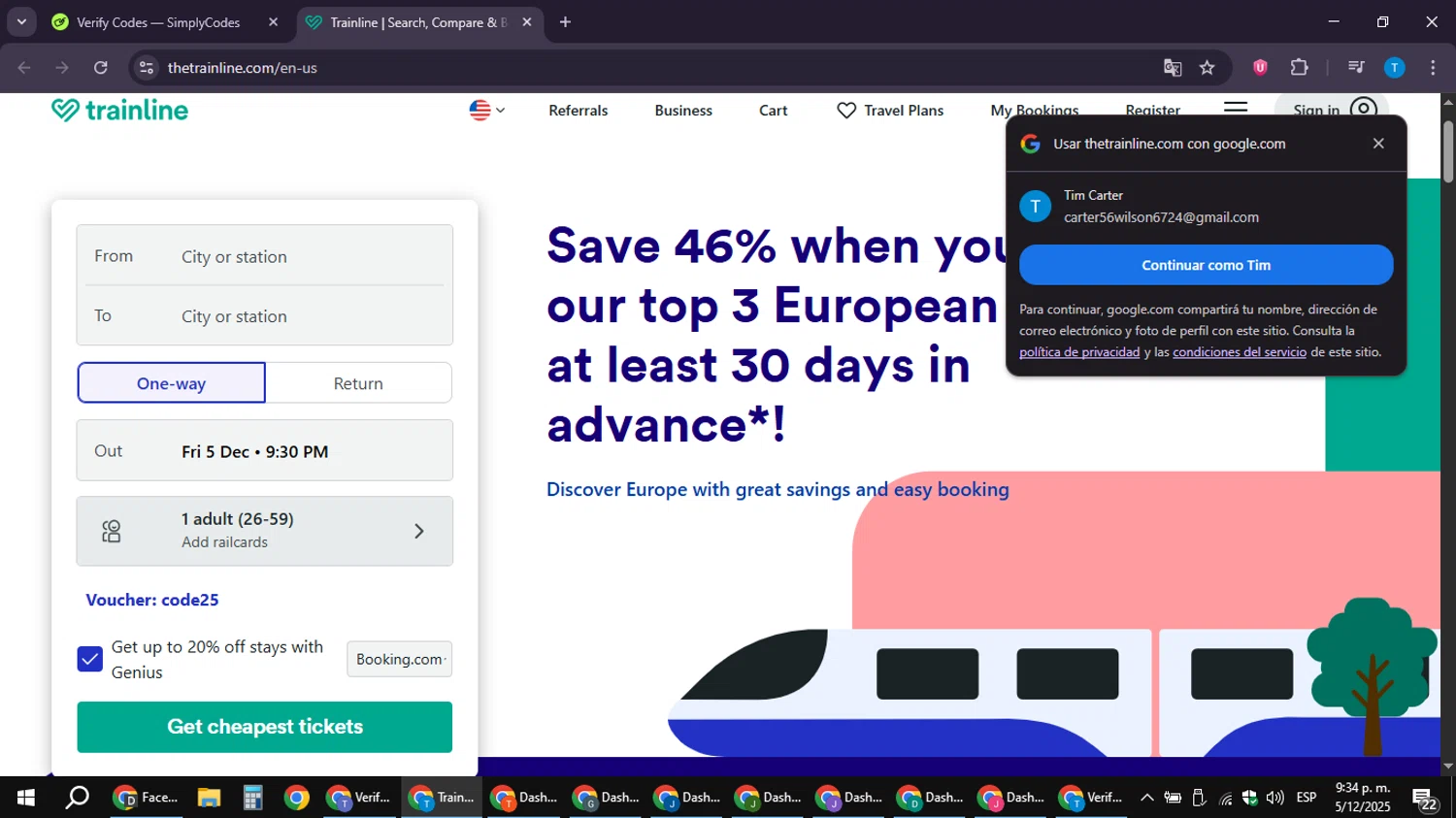Trainline discount code screenshot showing code code25 applied at Trainline checkout page. Uploaded by SimplyCodes community member LuckyPioneer4530 on Dec 6, 2025