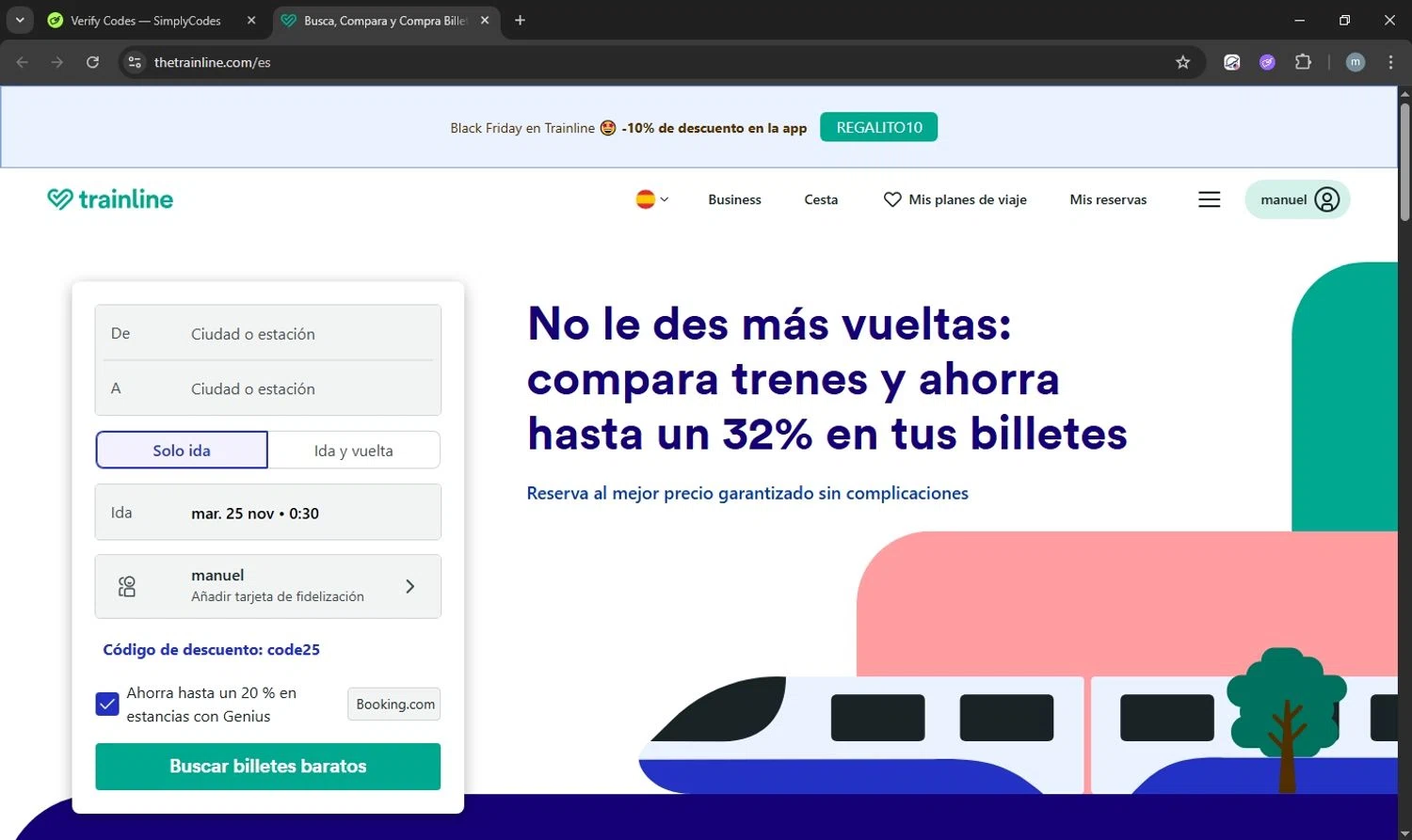Trainline discount code screenshot showing code code25 applied at Trainline checkout page. Uploaded by SimplyCodes community member acostaacosta on Nov 25, 2025