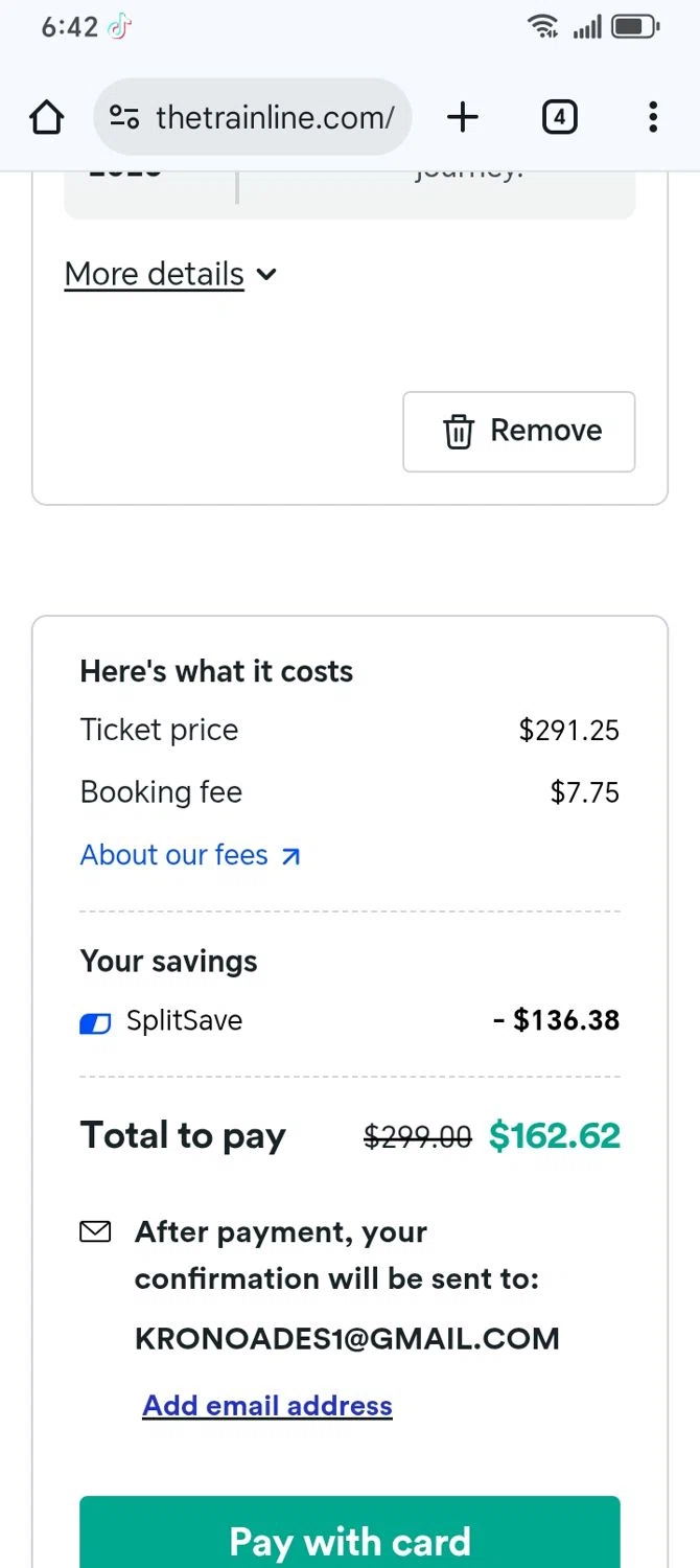 Trainline discount code screenshot showing code code25 applied at Trainline checkout page. Uploaded by SimplyCodes community member franksanchez on Jan 5, 2026