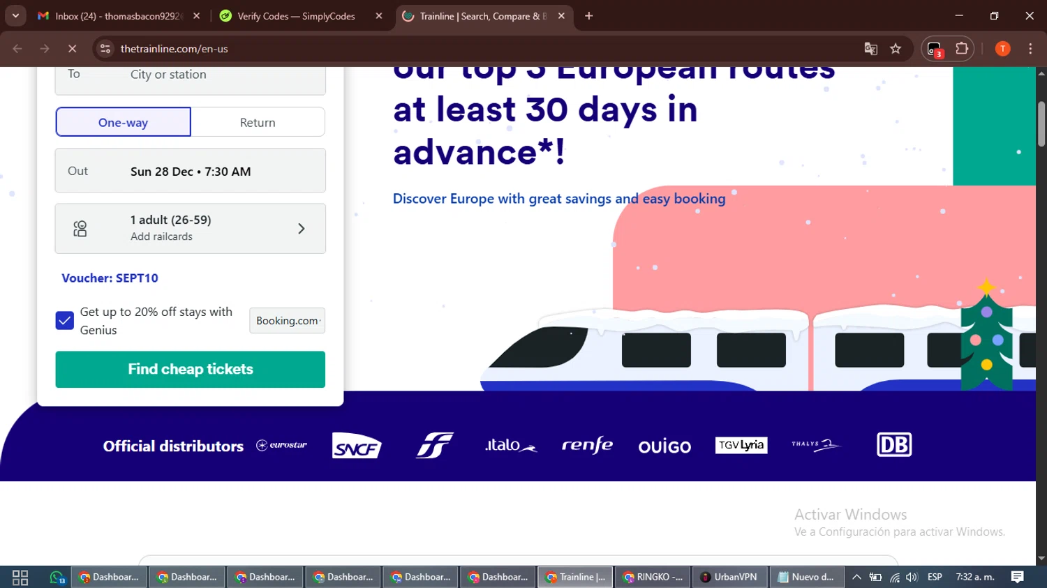 Trainline checkout page showing Trainline discount code box | Screenshot taken by SimplyCodes community member on Dec 28, 2025