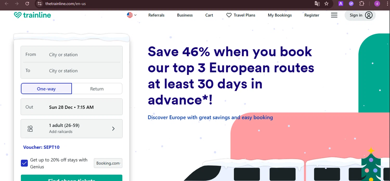 Trainline checkout page showing Trainline discount code box | Screenshot taken by SimplyCodes community member on Dec 28, 2025