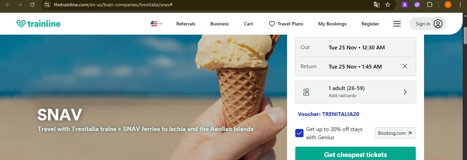 Trainline discount code screenshot showing code TRENITALIA20 applied at Trainline checkout page. Uploaded by SimplyCodes community member NobleElite1598 on Nov 25, 2025