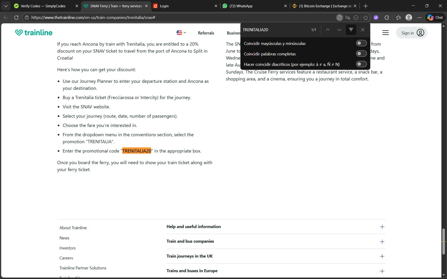 Trainline discount code screenshot showing code TRENITALIA20 applied at Trainline checkout page. Uploaded by SimplyCodes community member juanx1702 on Dec 28, 2025