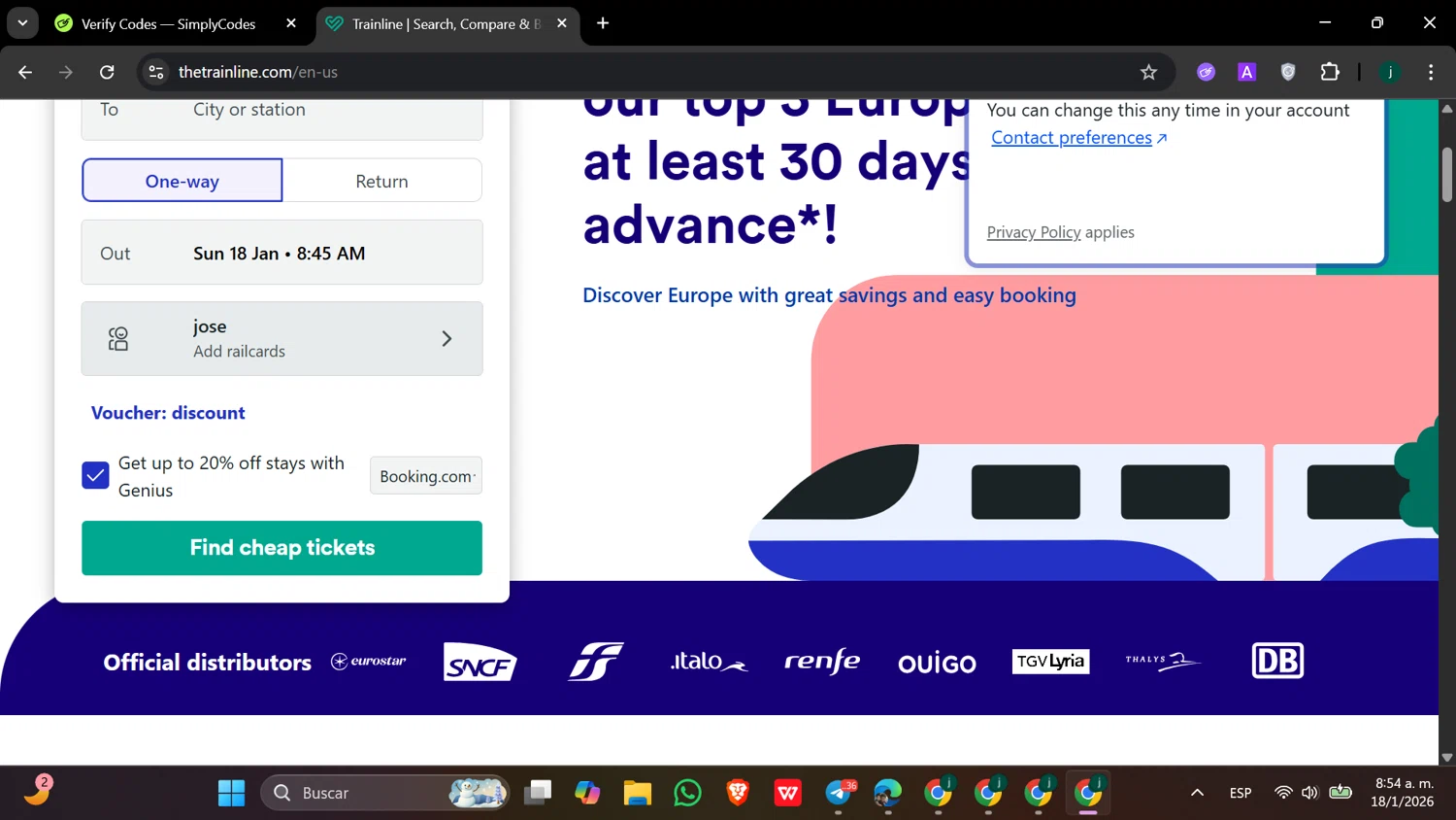 Trainline checkout page showing Trainline discount code box | Screenshot taken by SimplyCodes community member on Jan 18, 2026