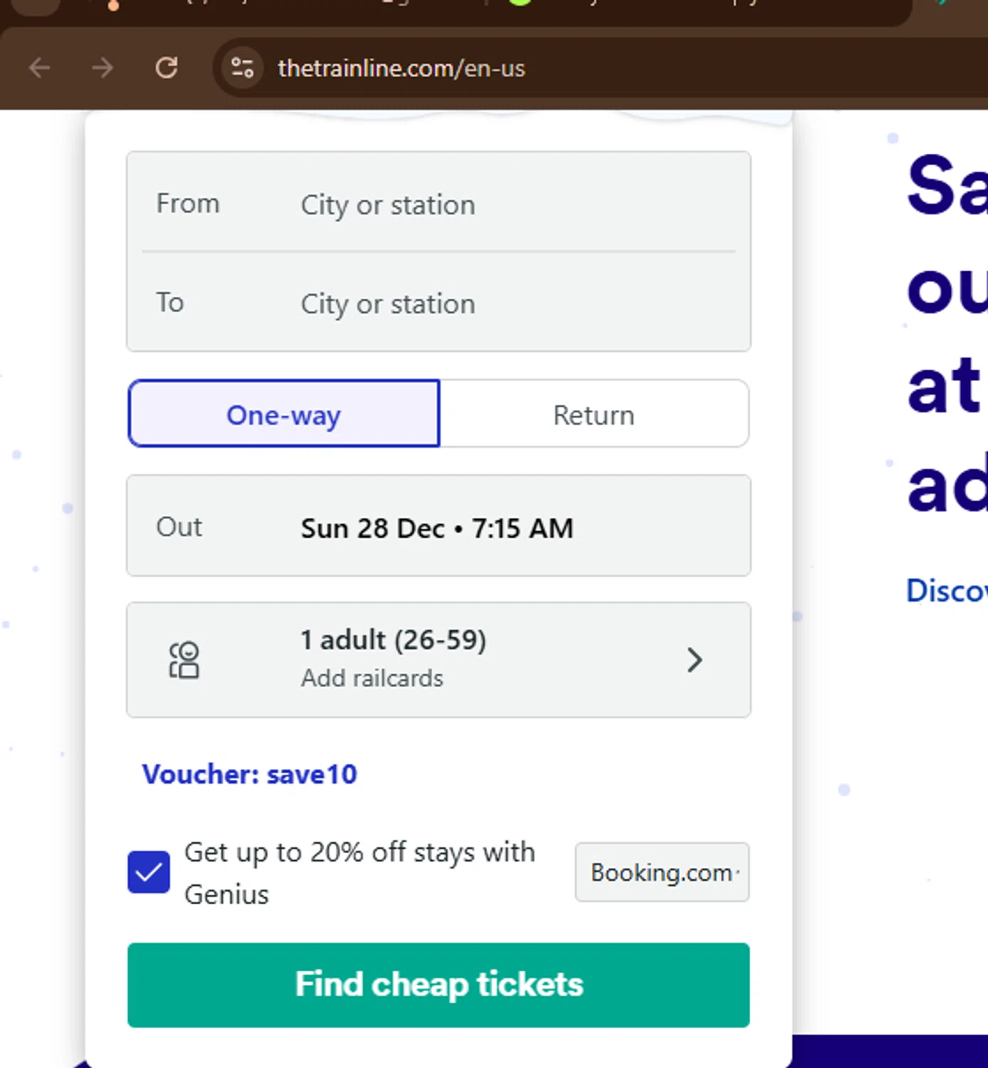 Trainline checkout page showing Trainline discount code box | Screenshot taken by SimplyCodes community member on Dec 28, 2025