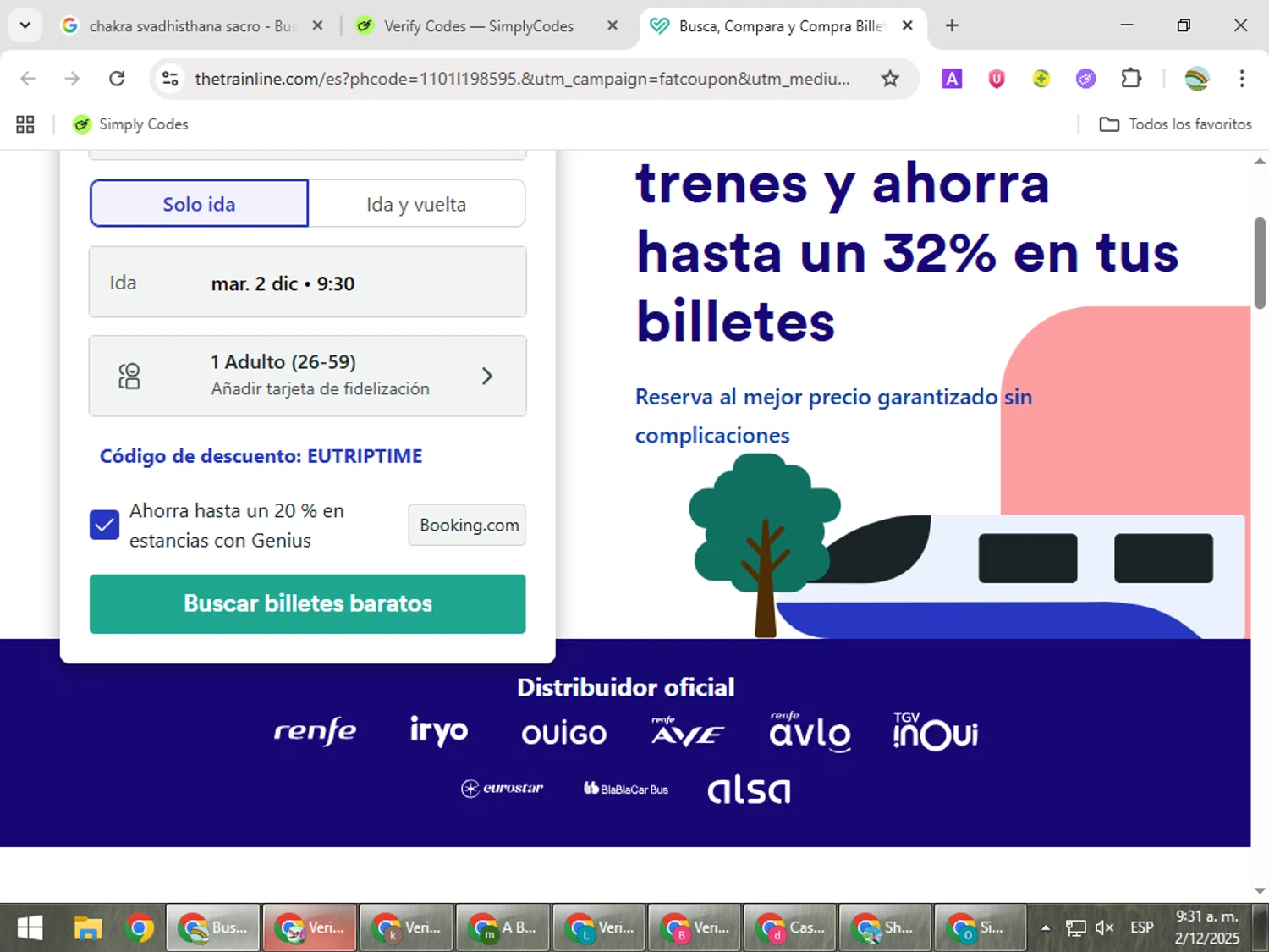 Trainline discount code screenshot showing code EUTRIPTIME applied at Trainline checkout page. Uploaded by SimplyCodes community member CoinMaven5220 on Dec 2, 2025