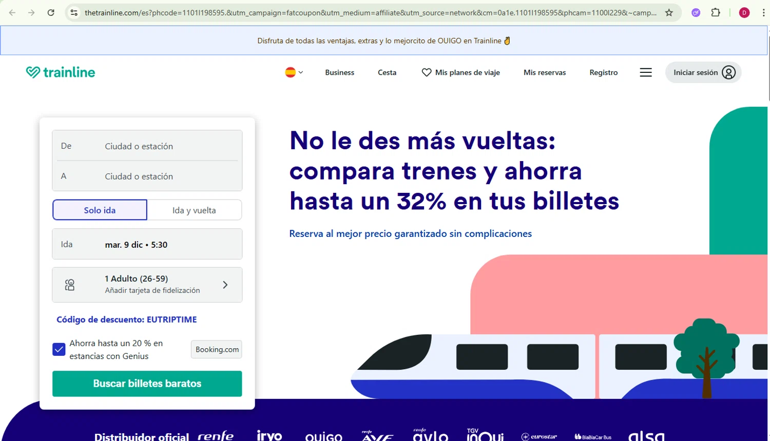 Trainline discount code screenshot showing code EUTRIPTIME applied at Trainline checkout page. Uploaded by SimplyCodes community member EpicChaser4293 on Dec 9, 2025