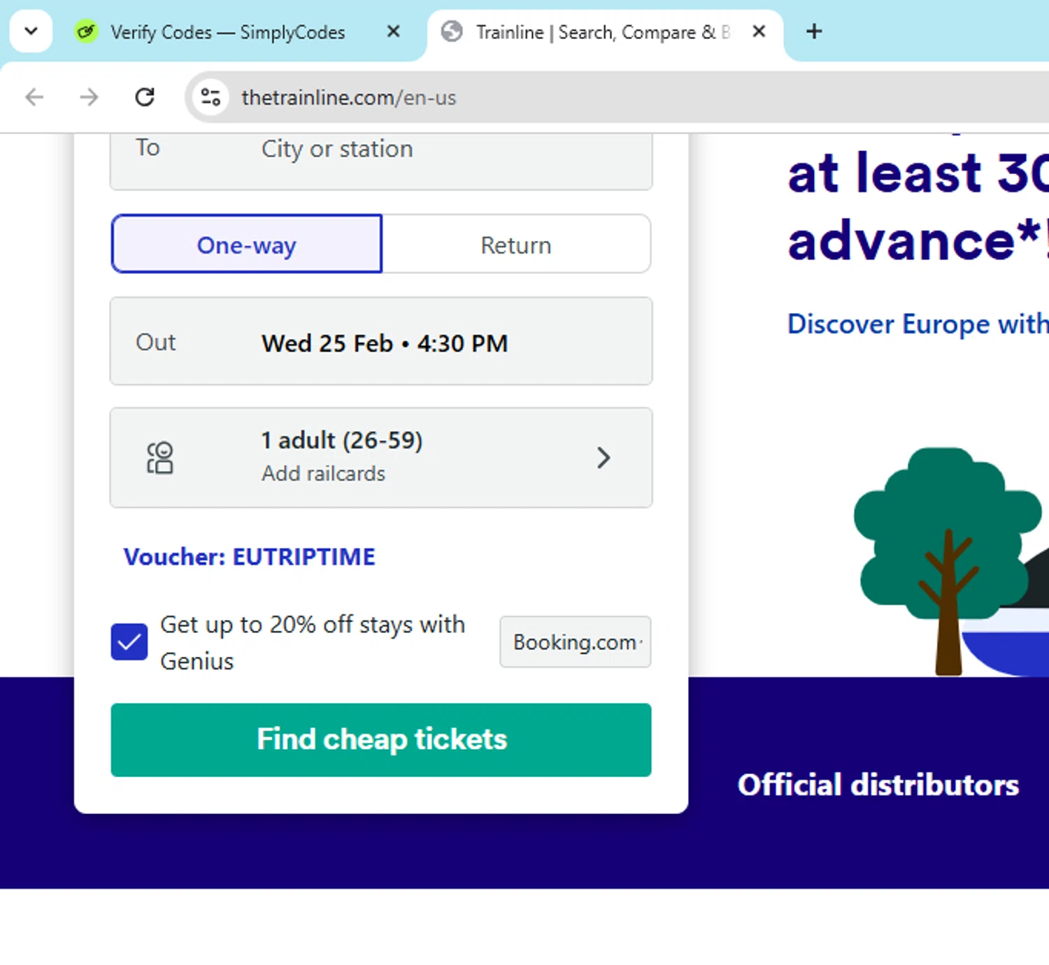 Trainline checkout page showing Trainline discount code box | Screenshot taken by SimplyCodes community member on Feb 25, 2026