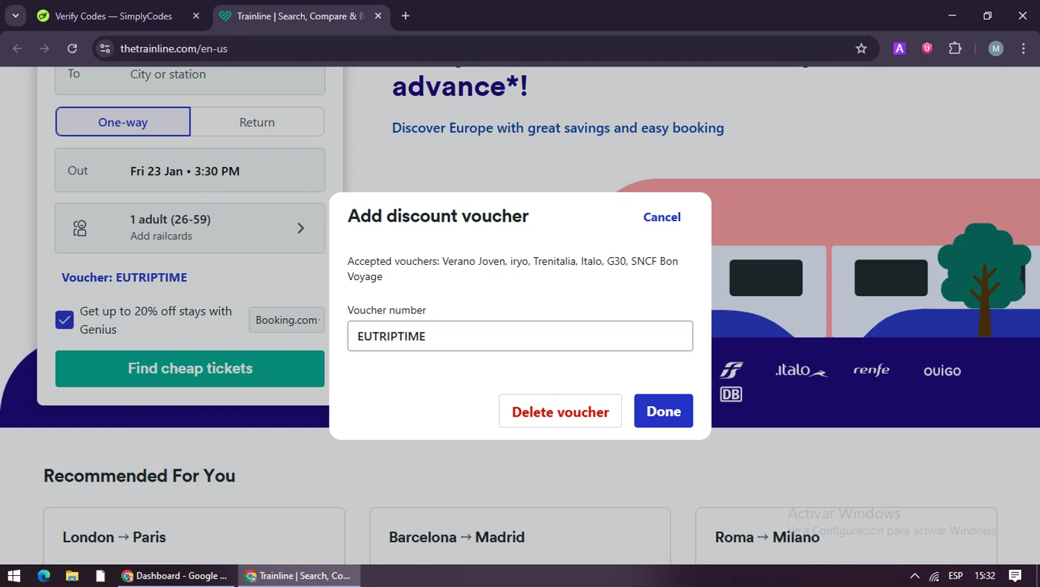 Trainline discount code screenshot showing code EUTRIPTIME applied at Trainline checkout page. Uploaded by SimplyCodes community member maraxo on Jan 23, 2026