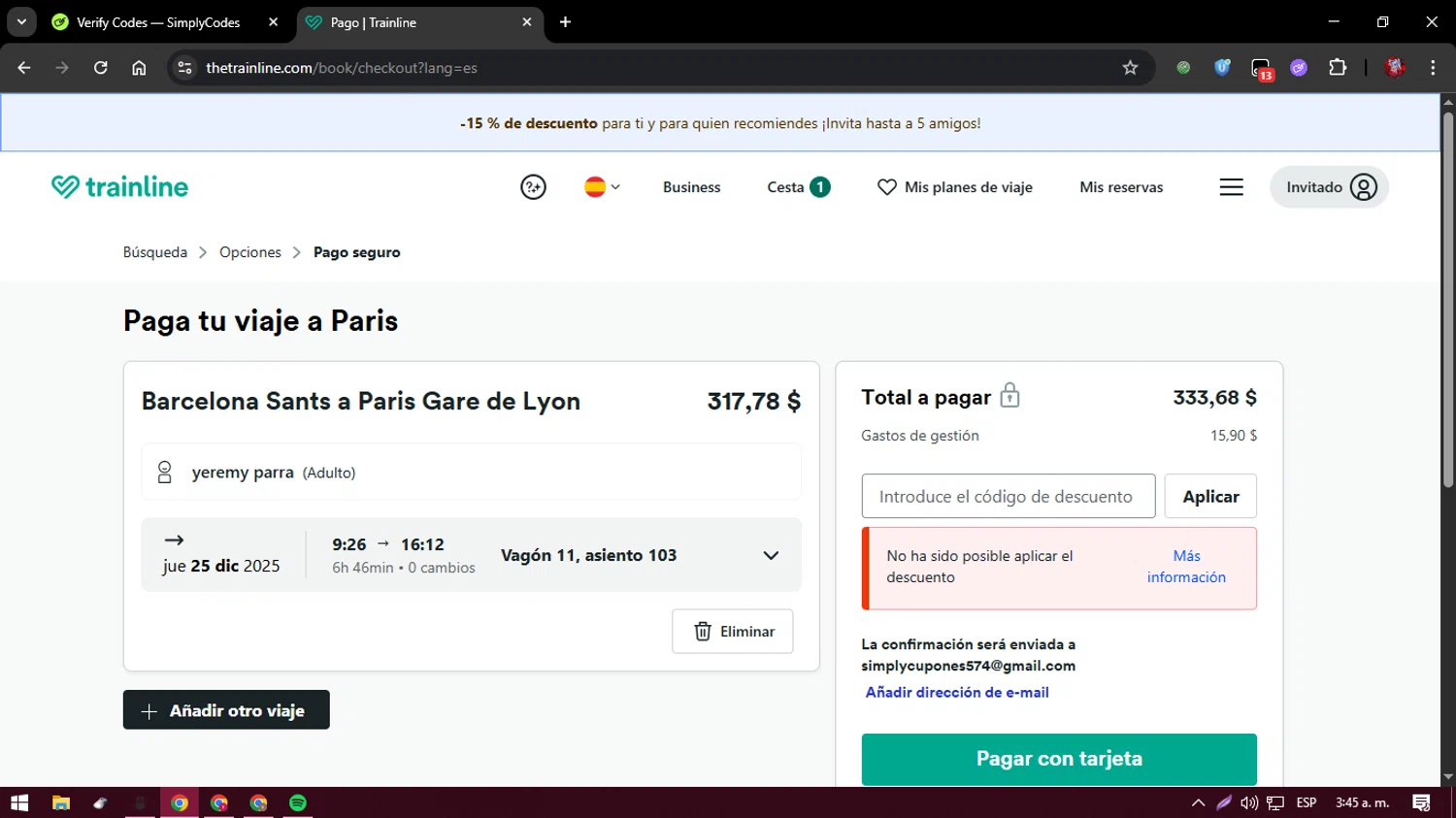 Trainline discount code screenshot showing code GRAZIE applied at Trainline checkout page. Uploaded by SimplyCodes community member CouponHawk7847 on Dec 25, 2025