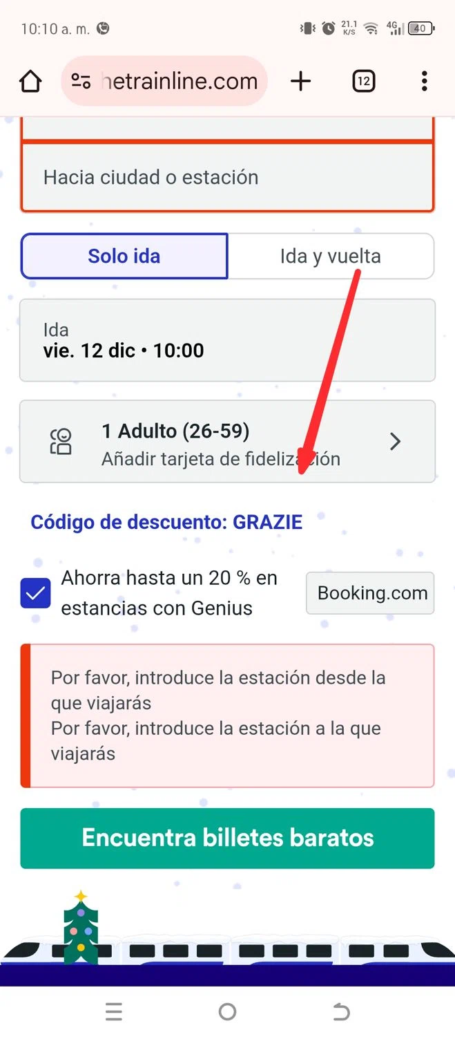 Trainline discount code screenshot showing code GRAZIE applied at Trainline checkout page. Uploaded by SimplyCodes community member Darien on Dec 12, 2025