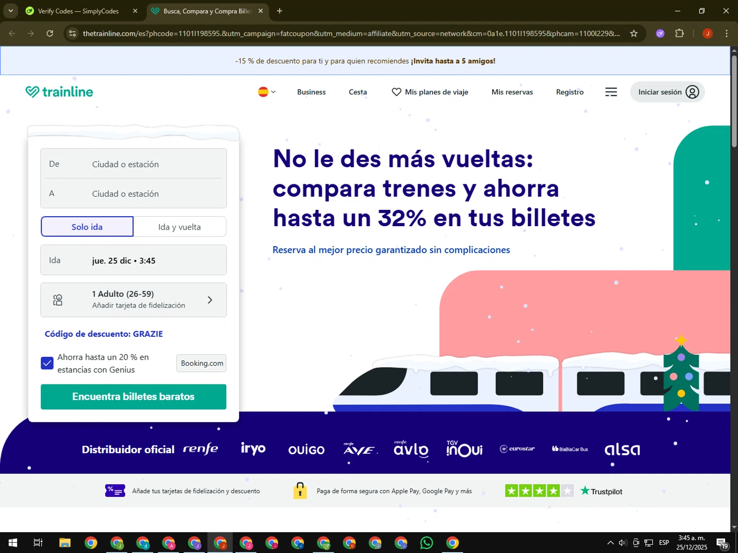Trainline discount code screenshot showing code GRAZIE applied at Trainline checkout page. Uploaded by SimplyCodes community member KimDokja on Dec 25, 2025