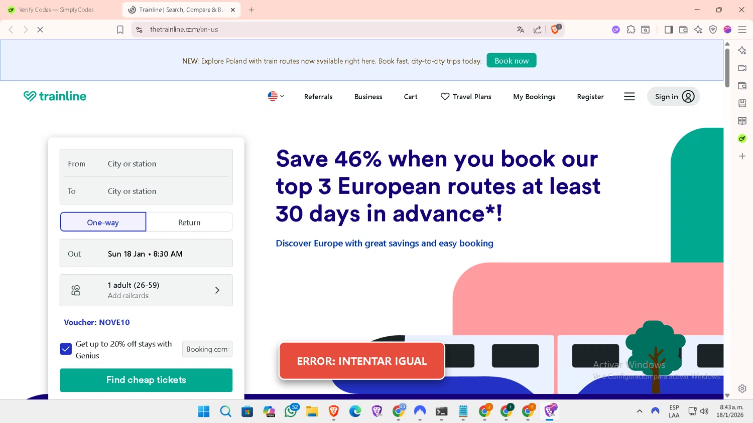Trainline checkout page showing Trainline discount code box | Screenshot taken by SimplyCodes community member on Jan 18, 2026