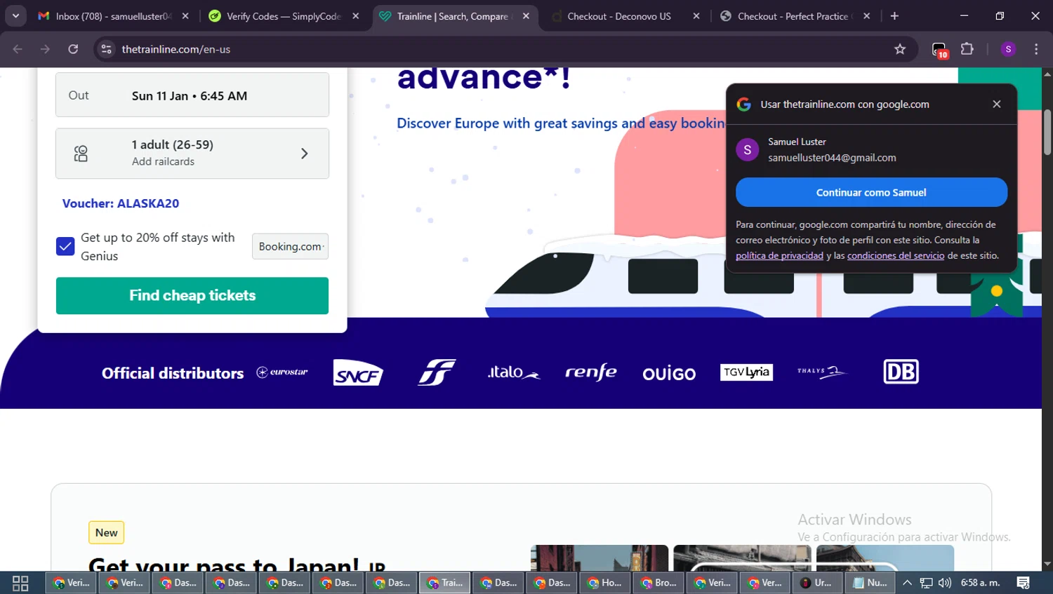 Trainline discount code screenshot showing code ALASKA20 applied at Trainline checkout page. Uploaded by SimplyCodes community member ShieldWarden7838 on Jan 11, 2026