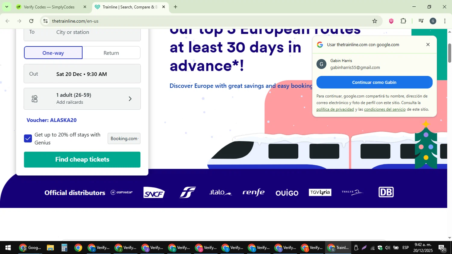 Trainline discount code screenshot showing code ALASKA20 applied at Trainline checkout page. Uploaded by SimplyCodes community member gabinharris55 on Dec 20, 2025