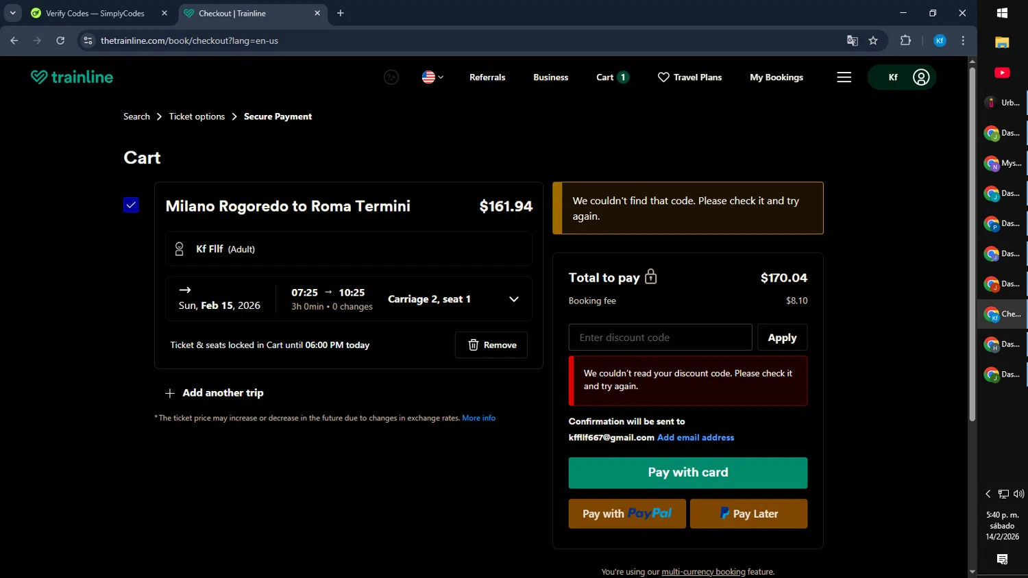 Trainline discount code screenshot showing code 25sale applied at Trainline checkout page. Uploaded by SimplyCodes community member Cynoxx on Feb 14, 2026